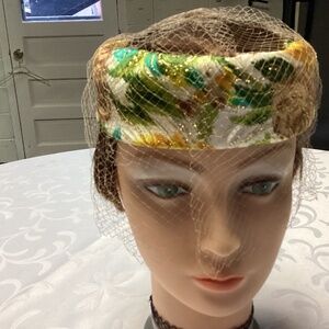 Pill box vintage hat with net greens n yellows circa 1950 ish